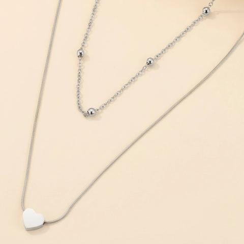 Stainless Steel Double Layer Necklace With Heart Pendant And Beaded Chain Minimalist Fashion Jewelry For Women