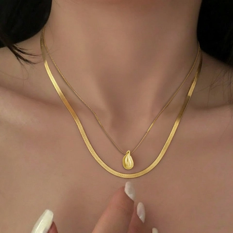 Collana A Doppio Strato Acciaio Inossidabile Ciondolo Goccia Catena Serpente Gioielli Eleganti Donna