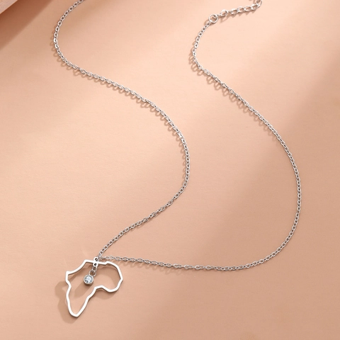Collier Pendentif Silhouette Carte Afrique Acier Inoxydable Incrusté Zircon Géométrique Évidé Bijou Minimaliste