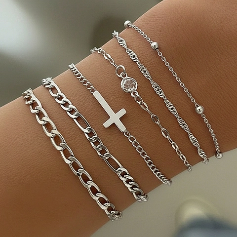 Bracciali A Strati In Acciaio Inossidabile Con Ciondolo A Croce E Cristallo Di Zircone Gioielli Moda Punk Regalo Donna