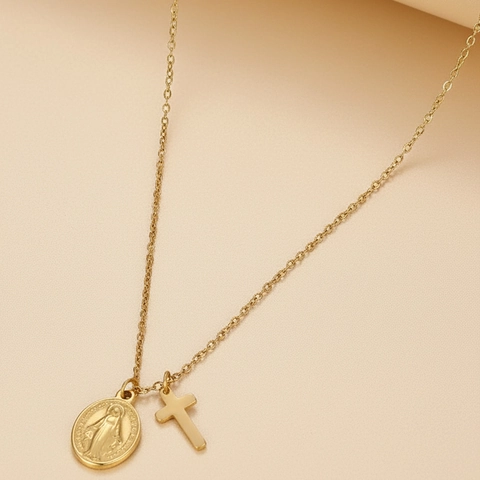 Stainless Steel Virgin Mary Cross Pendant Necklace Adjustable Religious Faith Medal O-Chain Light Luxury Jewelry For Women Men