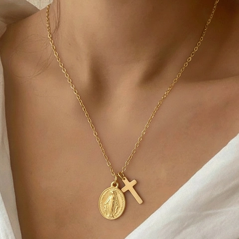 Stainless Steel Virgin Mary Cross Pendant Necklace Adjustable Religious Faith Medal O-Chain Light Luxury Jewelry For Women Men