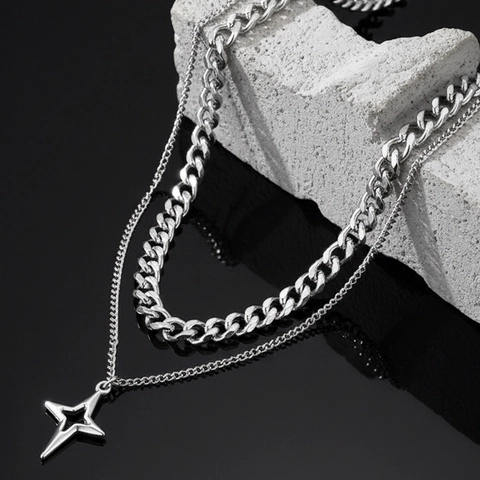 Double Layer Stainless Steel Necklace Cuban Link And Hollow Four Pointed Star Pendant Hip Hop Streetwear For Men
