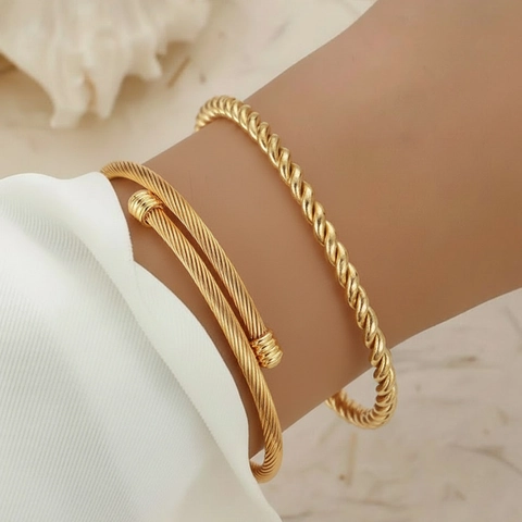 Stainless Steel Twisted Cable Wire Bangles Open C-Shape Adjustable Minimalist French Style Jewelry For Women