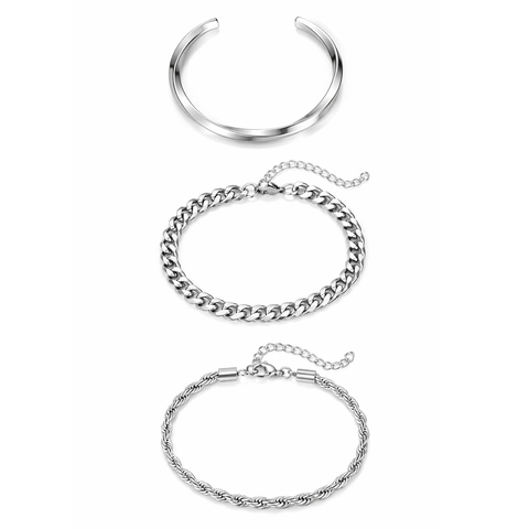 Stainless Steel Cuban Link Rope Chain And Twisted Cuff Bracelet Jewelry For Men Silver Color Trendy Accessories
