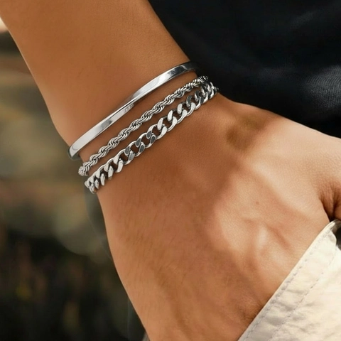 Stainless Steel Cuban Link Rope Chain And Twisted Cuff Bracelet Jewelry For Men Silver Color Trendy Accessories
