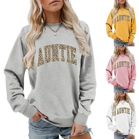 Sudadera Casual para Mujer con Estampado de Leopardo Letra AUNTIE Cuello Redondo Manga Larga Pullover Holgado Streetwear Top Mezcla Algodón