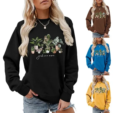 Felpa Donna Girocollo Manica Lunga Misto Cotone Stampa Piante In Vaso Scritta Just One More Casual Pullover Top
