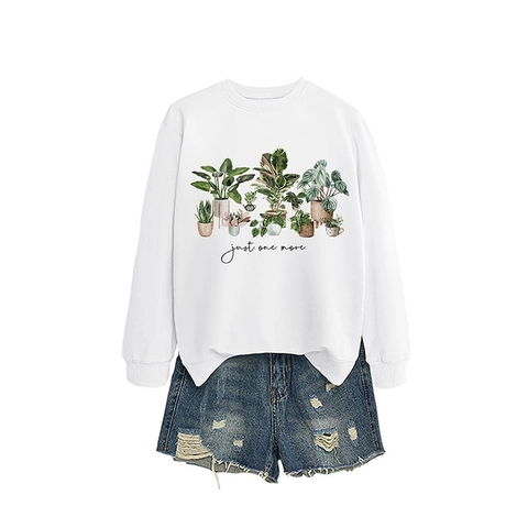Felpa Donna Girocollo Manica Lunga Misto Cotone Stampa Piante In Vaso Scritta Just One More Casual Pullover Top