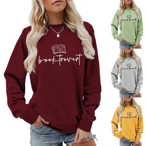 Sweat-shirt En Mélange De Coton Pour Femmes Manches Longues Col Rond Pullover Booktrovert Imprimé Style Littéraire