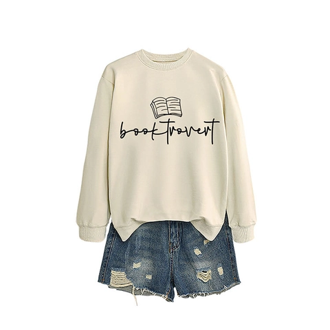 Sweat-shirt En Mélange De Coton Pour Femmes Manches Longues Col Rond Pullover Booktrovert Imprimé Style Littéraire