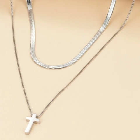 Collier Multi Rangs En Acier Inoxydable Avec Pendentif Croix Chaîne Serpent Plate Bijoux Minimalistes Pour Femmes Hommes