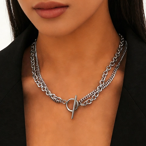 Double Layer Stainless Steel Chain Necklace With Toggle Clasp Punk Hip Hop Chunky Link Necklaces For Men Women