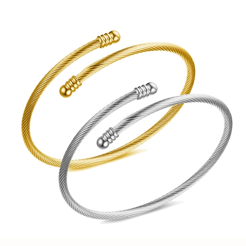Stainless Steel Twisted Cable Cuff Bracelet For Women Minimalist Rope Wire Bangle Open Design Ball Ends Fashion Accessory