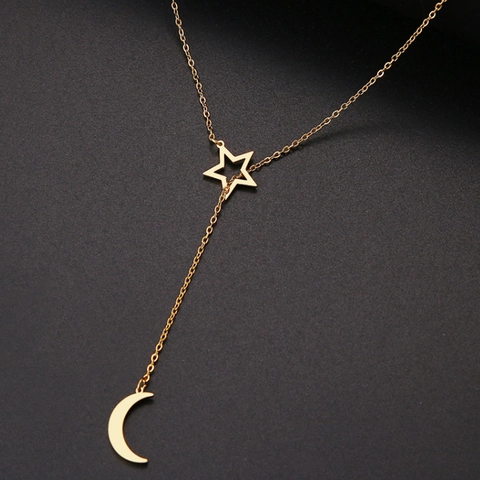 Collar en Y Minimalista de Acero Inoxidable Con Colgante de Estrella Hueca y Luna Creciente Joyería Lariat Oro Plata para Mujer