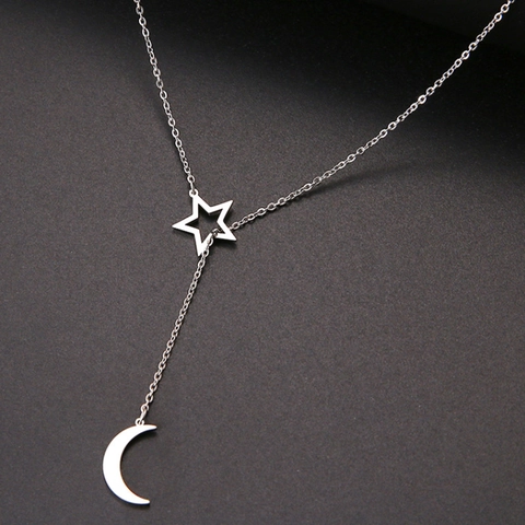 Collar en Y Minimalista de Acero Inoxidable Con Colgante de Estrella Hueca y Luna Creciente Joyería Lariat Oro Plata para Mujer