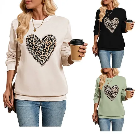 Felpa Donna Stampa Cuore Leopardato Foderata In Pile Girocollo Manica Lunga Casual Allentata Pullover