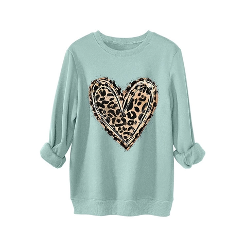 Felpa Donna Stampa Cuore Leopardato Foderata In Pile Girocollo Manica Lunga Casual Allentata Pullover