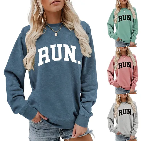 Crewneck Sweatshirt Katoen Polyester Mix Lange Mouwen Losse Pasvorm Casual Sportief Letters Print Pullover Voor Dames