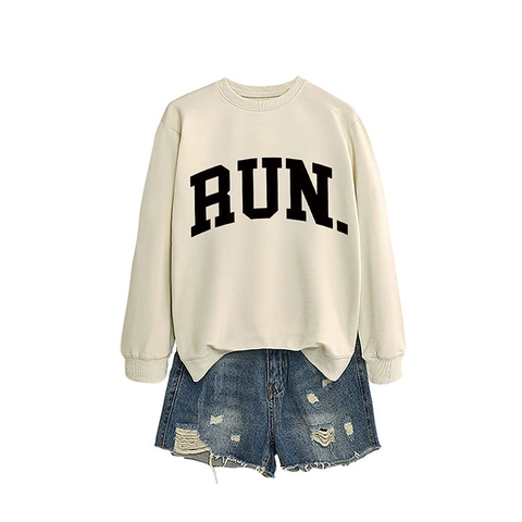 Crewneck Sweatshirt Katoen Polyester Mix Lange Mouwen Losse Pasvorm Casual Sportief Letters Print Pullover Voor Dames