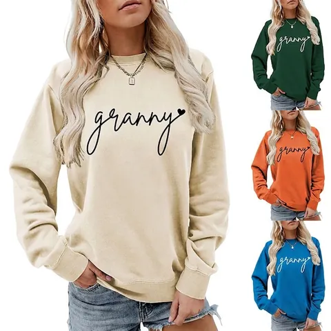 Dames Casual Granny Letter Hart Print Ronde Hals Sweatshirt Lange Mouwen Loose Fit Katoenmix Pullover Top