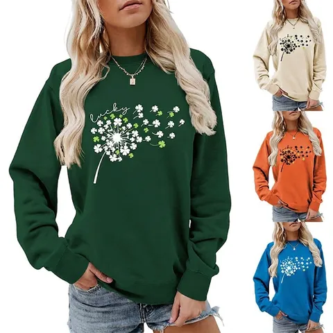 Felpa Girocollo Da Donna Stampa Trifoglio Dente Di Leone Lucky Maniche Lunghe Misto Cotone Pullover Casual