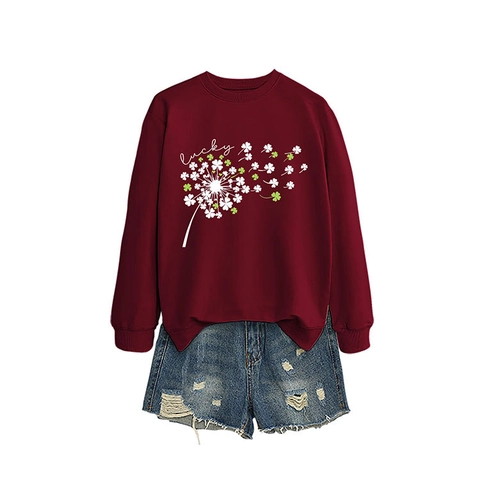 Felpa Girocollo Da Donna Stampa Trifoglio Dente Di Leone Lucky Maniche Lunghe Misto Cotone Pullover Casual