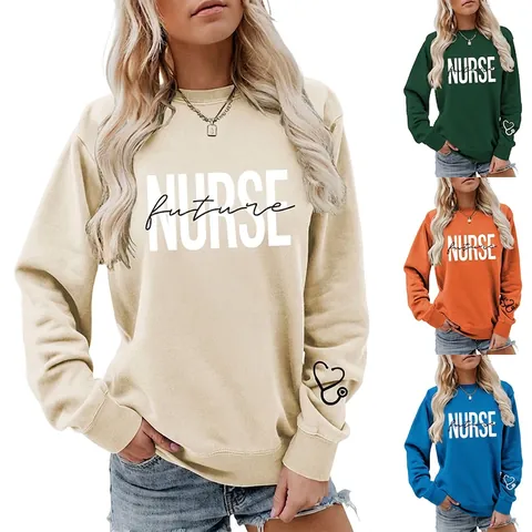 Felpa Donna Girocollo Cotone Morbida Casual Maniche Lunghe Future Nurse Lettera Cuore Stetoscopio Stampa Pullover