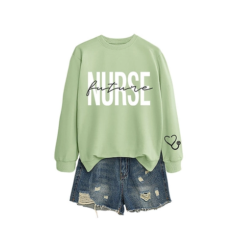 Felpa Donna Girocollo Cotone Morbida Casual Maniche Lunghe Future Nurse Lettera Cuore Stetoscopio Stampa Pullover
