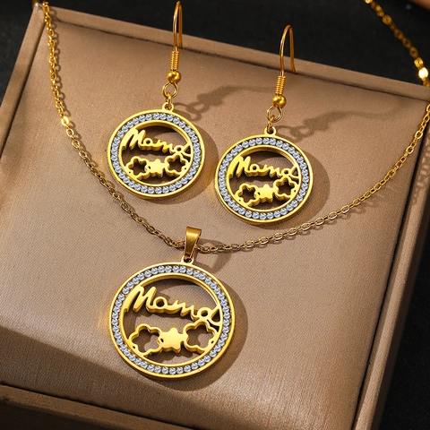Collana E Orecchini Mama Gioielli Acciaio Inossidabile Strass Pendente Tondo Cavo Regalo Festa Della Mamma Donne