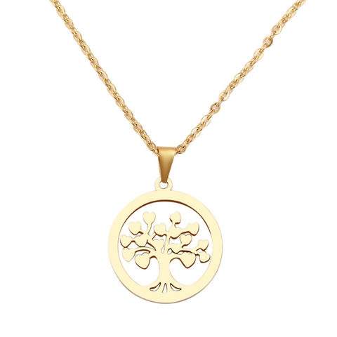Collier Arbre De Vie Acier Inoxydable Feuilles En Forme De Cœur Pendentif Rond Creux Bijoux Mode Cadeau Femmes