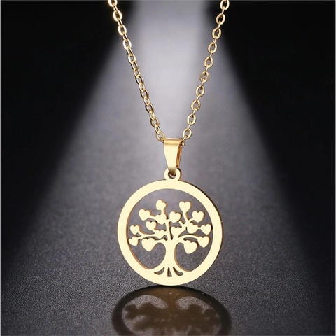Collier Arbre De Vie Acier Inoxydable Feuilles En Forme De Cœur Pendentif Rond Creux Bijoux Mode Cadeau Femmes