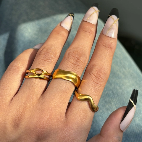 Anelli Aperti Irregolari Minimalisti Acciaio Inossidabile Regolabili Texture Ondulata Metallo Liquido Gioielli Moda Donna