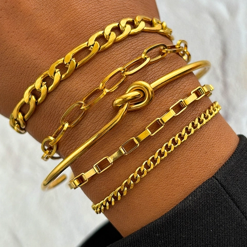 Vintage Stainless Steel Bracelet Set For Women Men Gold Silver Plated Industrial Chain Figaro Box Link Knot Bangle Jewelry