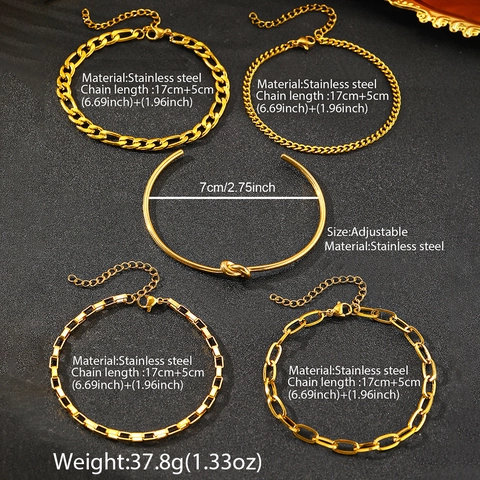 Vintage Stainless Steel Bracelet Set For Women Men Gold Silver Plated Industrial Chain Figaro Box Link Knot Bangle Jewelry