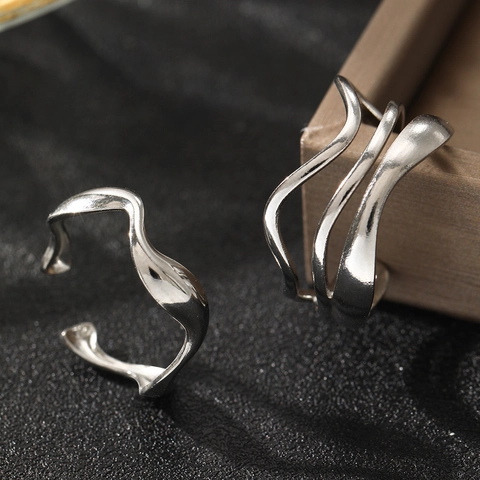 Stainless Steel Irregular Wave Rings Adjustable Liquid Metal Style Geometric Fashion Jewelry For Women