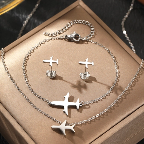 Gioielli Aereo Acciaio Inossidabile Collana Bracciale Orecchini Per Uomini Donne Moda Tendenza Retro