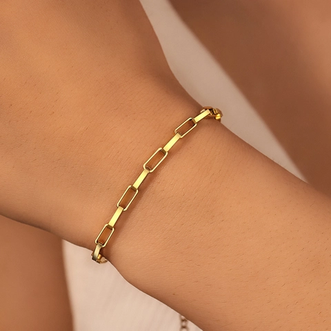 Minimalist Paperclip Chain Bracelet Stainless Steel Gold Plated Rectangular Link Adjustable Jewelry For Women Men