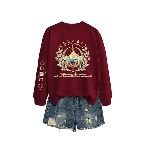 Felpa E Pantaloncini Denim Donna Girocollo Maniche Lunghe Pullover Misto Cotone Poliestere Stampa Montagna Stella