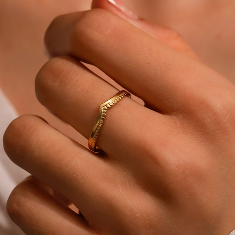 Minimalist V Shaped Stainless Steel Ring For Women Beaded Texture Chevron Open Adjustable Fashion Jewelry