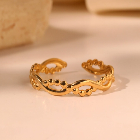 Minimalist Twisted Open Ring Stainless Steel Beaded Chain Adjustable Wave Geometric Finger Jewelry For Women Men