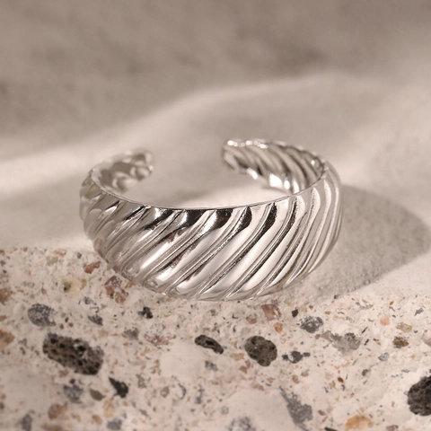 Croissant Ring Stainless Steel Adjustable Open Band Twisted Wave Textured French Retro Minimalist Jewelry For Women Men