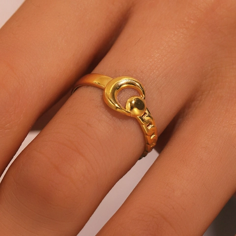 Adjustable Stainless Steel Ring Geometric Crescent Moon Chain Texture French Retro Vintage Style For Women