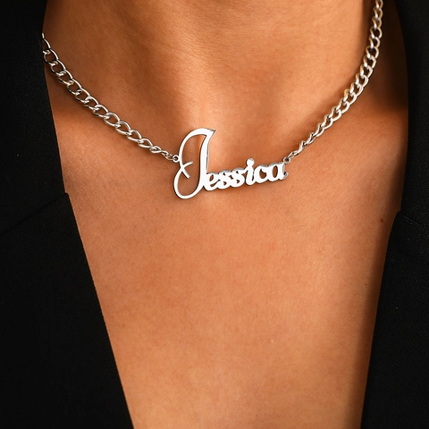 Personalisierte Edelstahl Namenskette Jessica Kursive Schrift Buchstaben Anhänger Panzerkette Minimalistischer Schmuck Damen