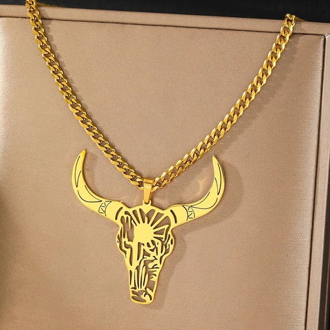 Collier Pendentif Crâne De Taureau À Cornes Longues En Acier Inoxydable Bijoux Cowboy Occidental Pour Hommes Femmes