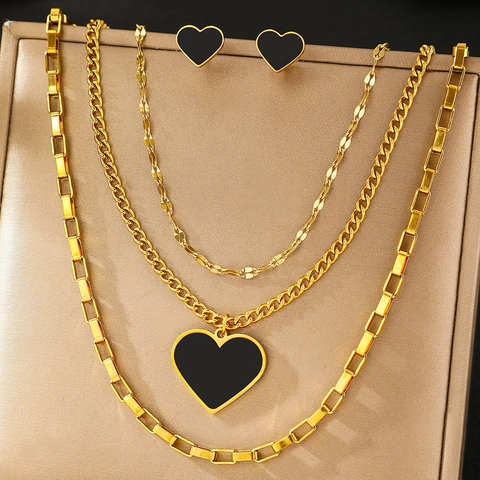 Bijoux Coeur Multi-Couches Acier Inoxydable Collier Pendentif Coeur Et Boucles Oreilles Coeur Pour Femmes Email Noir Style Hip Hop