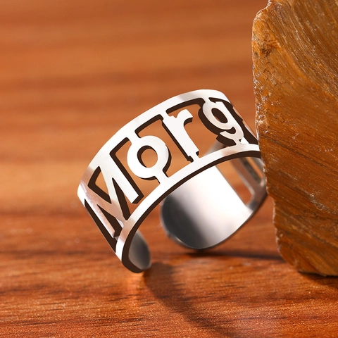 Minimalist Stainless Steel Hollow Out Alphabet Name Ring Adjustable Open Jewelry For Women