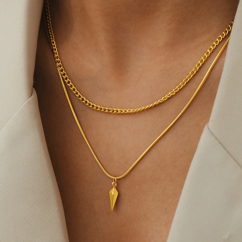 Double Layer Necklace Stainless Steel Spike Pendant Curb And Snake Chain Hip Hop Punk Minimalist Jewelry For Men