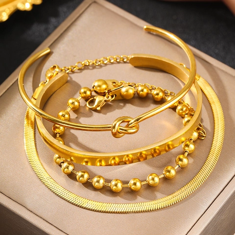 Minimalist Stainless Steel Stackable Bracelet Bangle Heart Pendant Snake Chain Beaded Knot Design Fashionable Jewelry