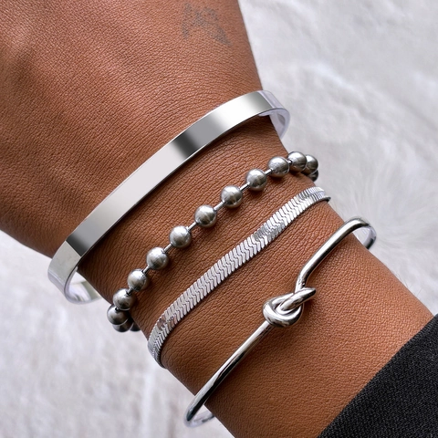 Minimalist Stainless Steel Stackable Bracelet Bangle Heart Pendant Snake Chain Beaded Knot Design Fashionable Jewelry